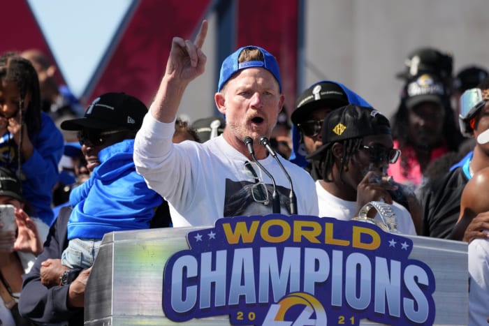 Feb 16, 2022; Los Angeles, CA, USA; Los Angeles Rams general manager Les Snead speaks during Super Bowl LVI championship rally at the Los Angeles Memorial Coliseum. Mandatory Credit: Kirby Lee-USA TODAY Sports
